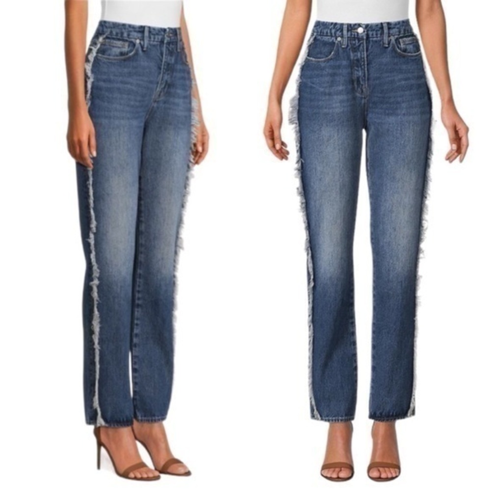 NWT Good American Good‎ Boy Side Frayed High Rise Straight Leg Jeans Size 30